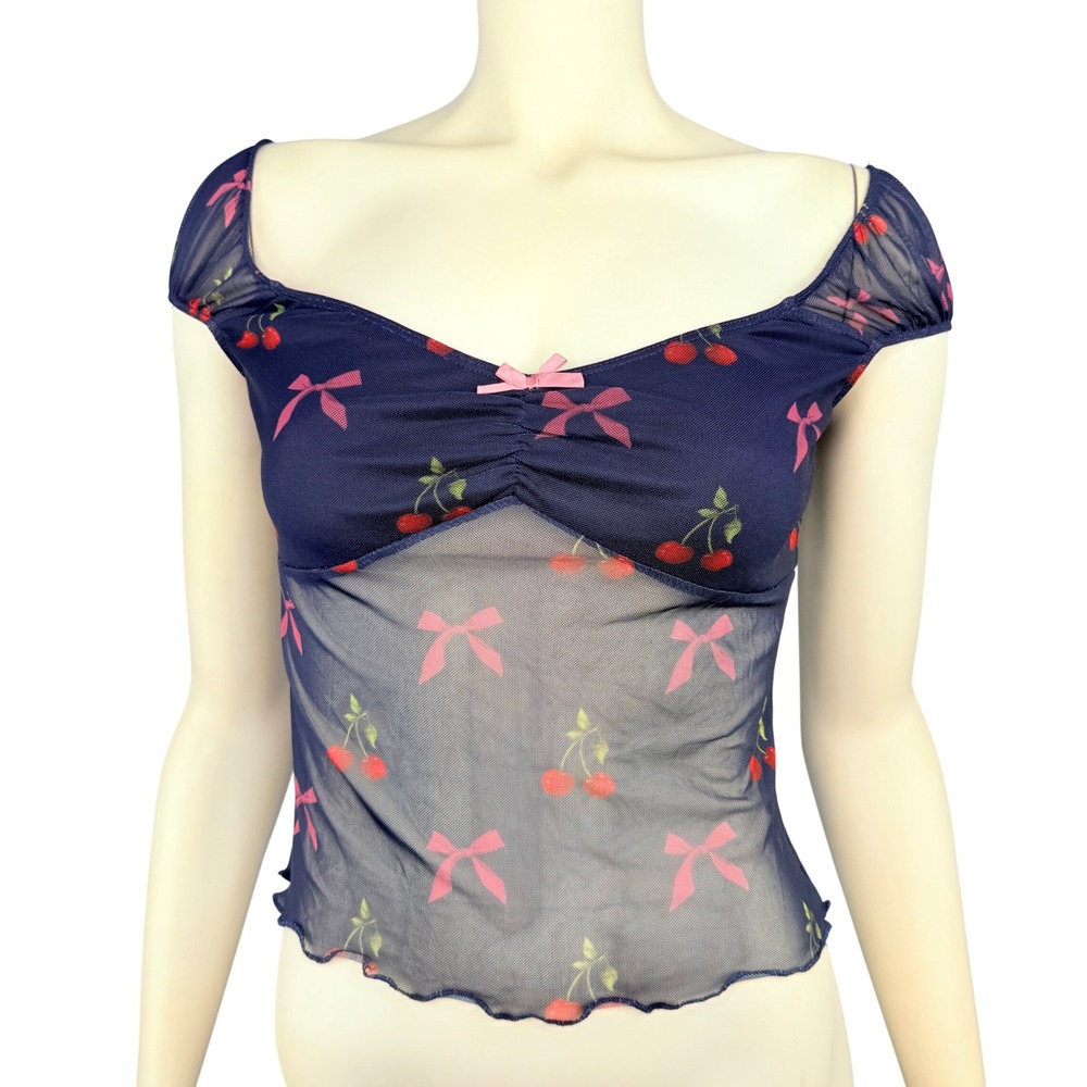 Y2K Sheer Mesh Cherry Print Coquette Baby Tee Mesh Top Womens M Blue Cap Sleeve‎